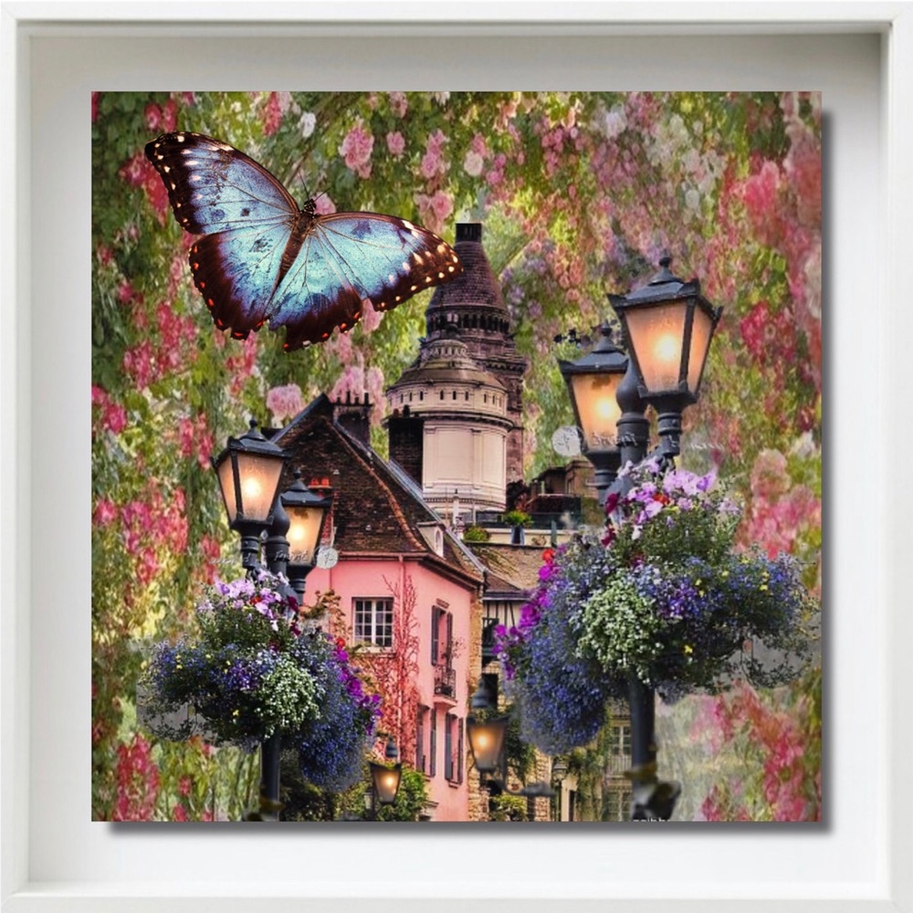 “Come and See” Surreal Village Artwork on 8”SQ Glass Tile in Shadowbox Frame